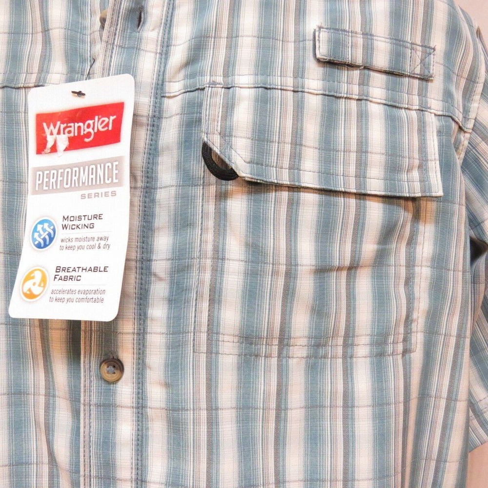 Wrangler Performance Shirt Gray and Aqua Plaid Size Small NWT Fishing Breathable - Picture 2 of 7